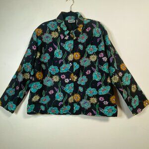 Chicos Design Floral Embroidered Jacket/Blouse Women's Size 2 100% Silk Lined